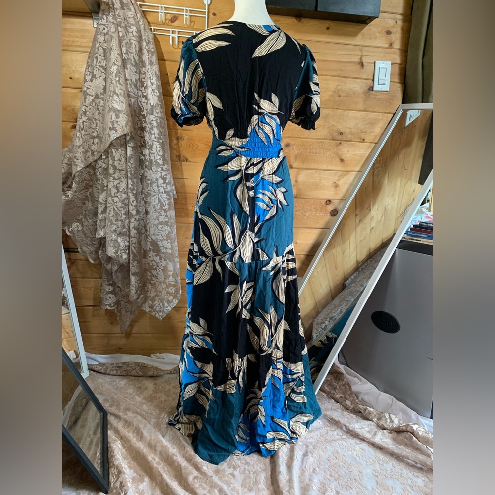 Linen Tropical Tiered Maxi Dress Prairie Romantic Vacation Resort Luxe Size 10 - Picture 10 of 15